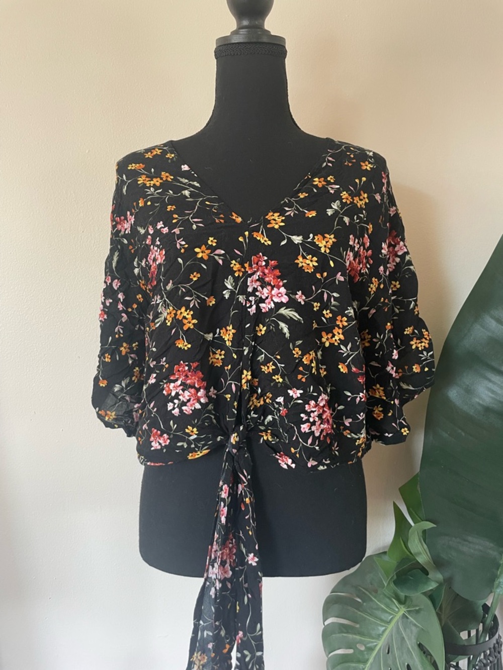 Polly & Esther Black Floral Tie-Front Blouse with Pink and Yellow Blooms